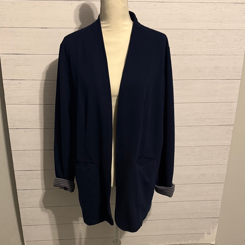 Maurices Navy Open-Front Cardigan with Striped Cuff Detail